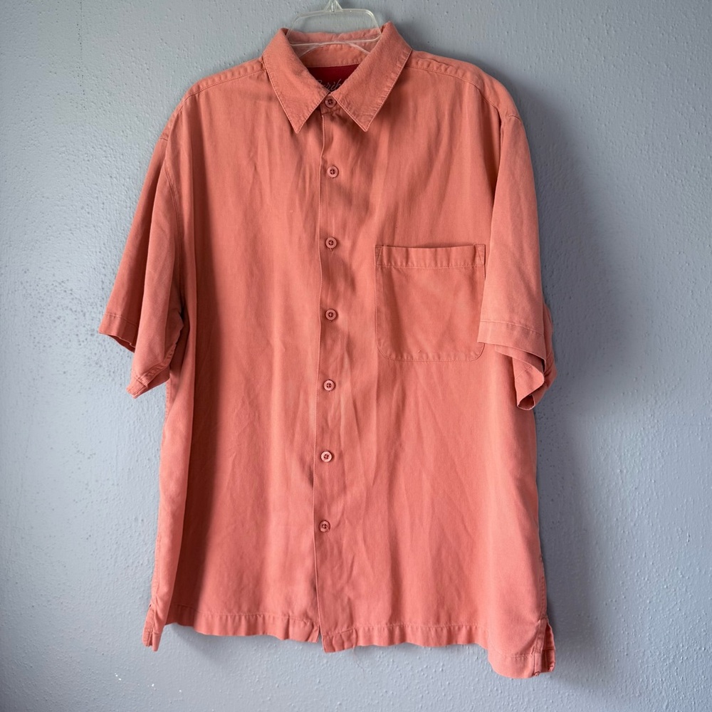 Caribbean Button-Down Shirt Men’s L 55% Silk Short Sleeve Orange Casual